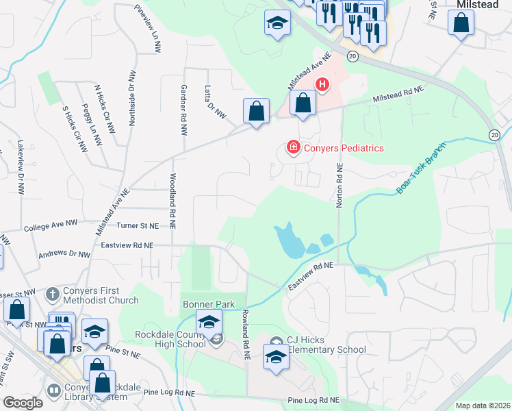 map of restaurants, bars, coffee shops, grocery stores, and more near 1267 Brookside Drive Northeast in Conyers
