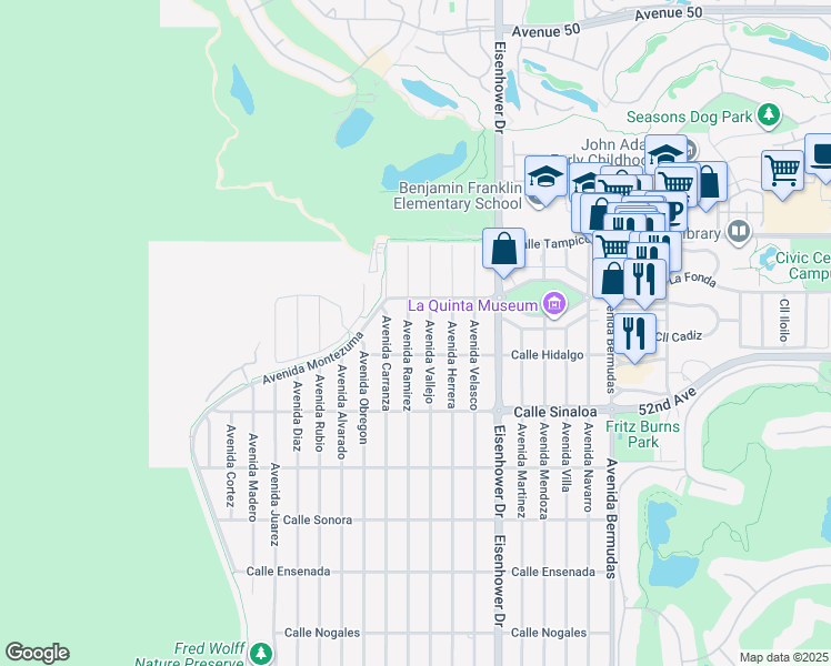 map of restaurants, bars, coffee shops, grocery stores, and more near 51380 Avenue Ramirez in La Quinta