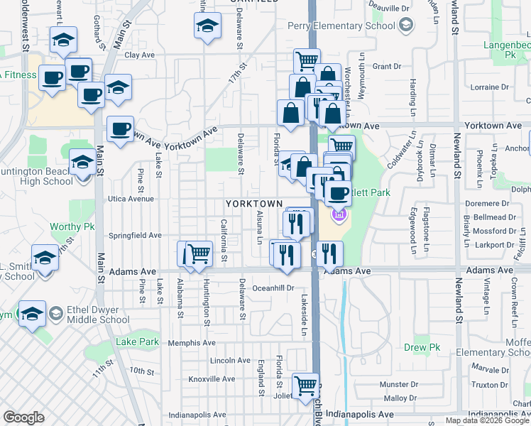 map of restaurants, bars, coffee shops, grocery stores, and more near 1918 Alsuna Lane in Huntington Beach