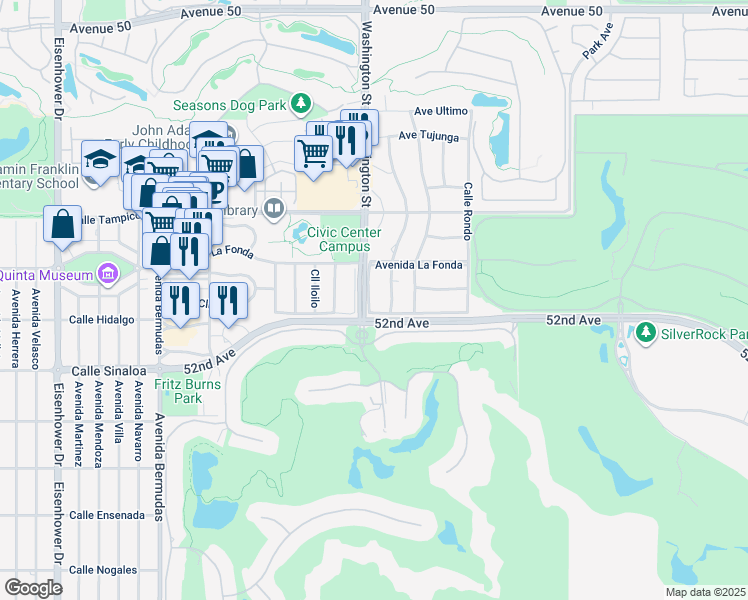 map of restaurants, bars, coffee shops, grocery stores, and more near 51400 Calle Tamazula in La Quinta