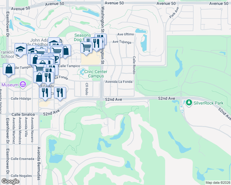 map of restaurants, bars, coffee shops, grocery stores, and more near 51425 Calle Quito in La Quinta