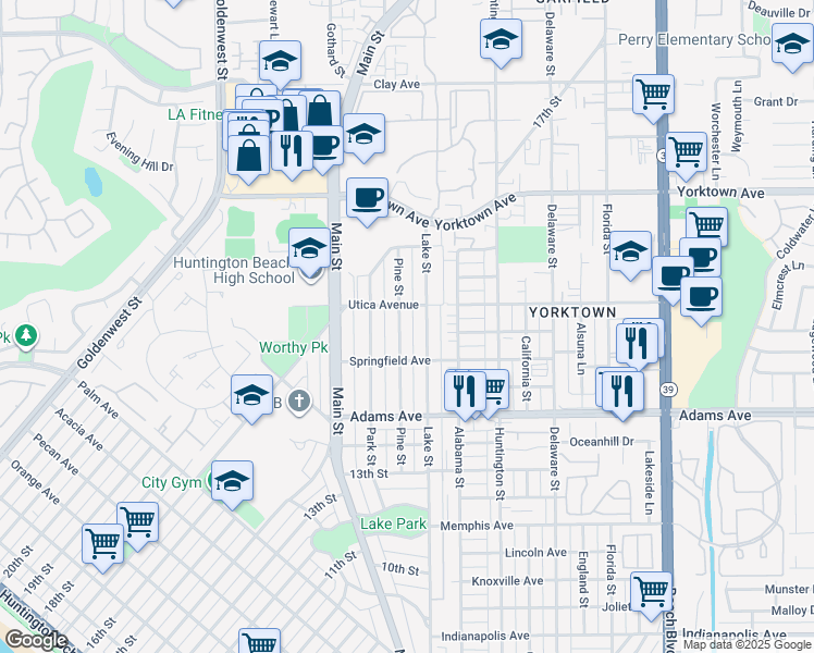 map of restaurants, bars, coffee shops, grocery stores, and more near 1830 Pine Street in Huntington Beach