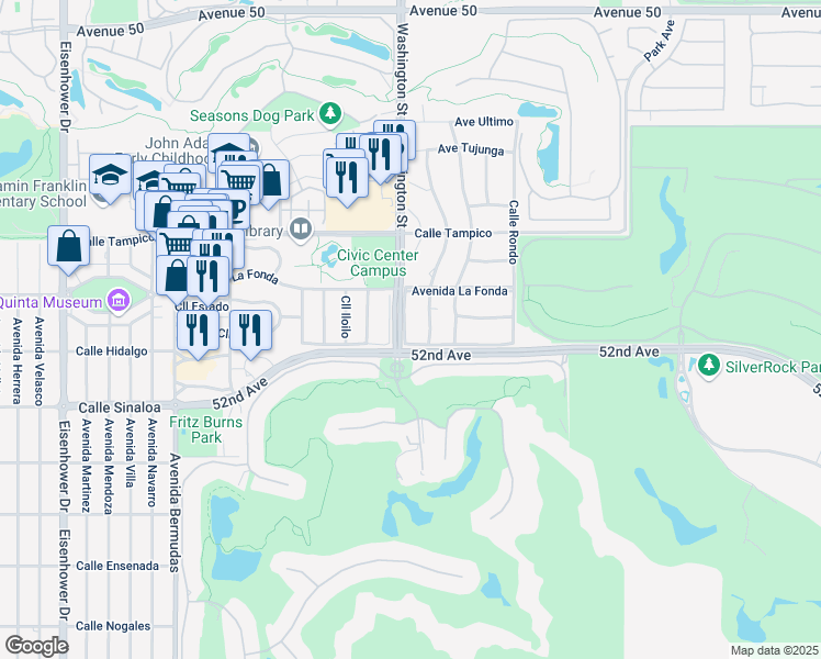 map of restaurants, bars, coffee shops, grocery stores, and more near 51400 Calle Tamazula in La Quinta