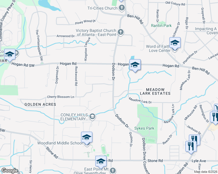 map of restaurants, bars, coffee shops, grocery stores, and more near 2962 Dodson Drive in East Point