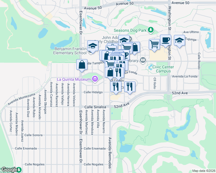 map of restaurants, bars, coffee shops, grocery stores, and more near 51405 Avenida Bermudas in La Quinta