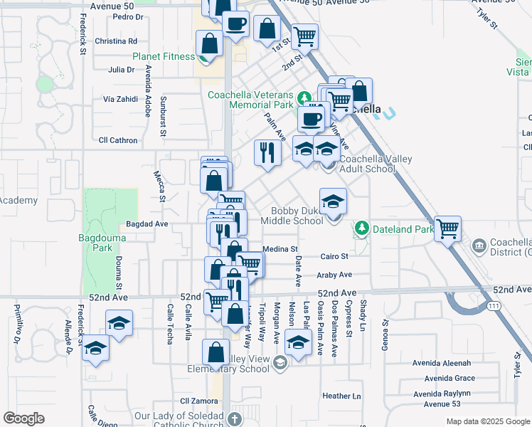 map of restaurants, bars, coffee shops, grocery stores, and more near 1076 Tripoli Way in Coachella