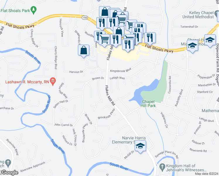 map of restaurants, bars, coffee shops, grocery stores, and more near 3657 Platina Park Court in Decatur