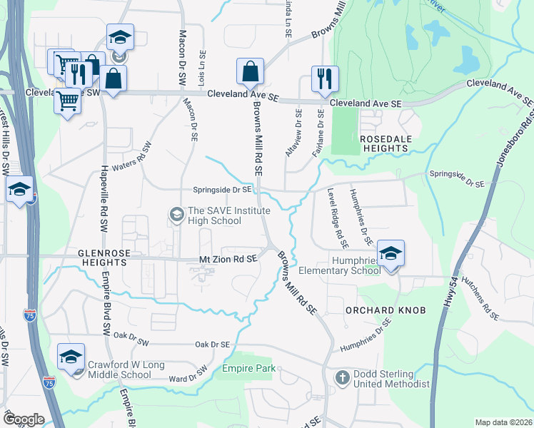 map of restaurants, bars, coffee shops, grocery stores, and more near 2914 Browns Mill Road Southeast in Atlanta