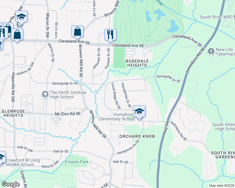 map of restaurants, bars, coffee shops, grocery stores, and more near 2922 Level Ridge Road Southeast in Atlanta