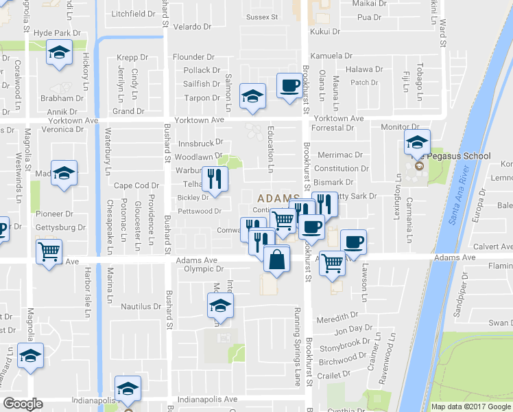 map of restaurants, bars, coffee shops, grocery stores, and more near 9805 Continental Drive in Huntington Beach