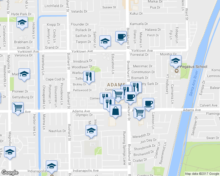 map of restaurants, bars, coffee shops, grocery stores, and more near 9831 Continental Drive in Huntington Beach
