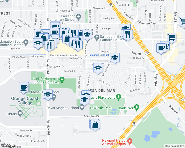 map of restaurants, bars, coffee shops, grocery stores, and more near 1038 Coronado Drive in Costa Mesa