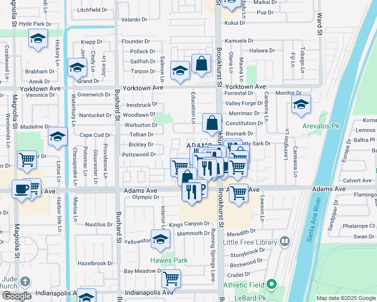 map of restaurants, bars, coffee shops, grocery stores, and more near 9831 Continental Drive in Huntington Beach