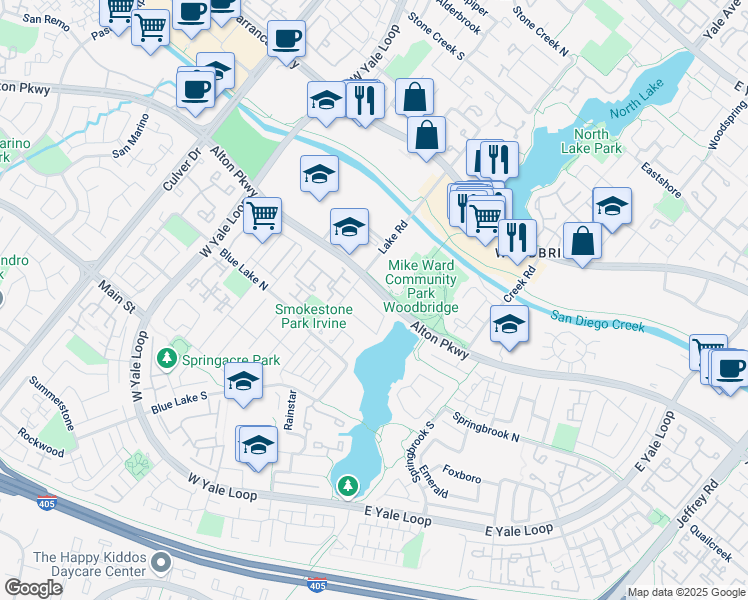 map of restaurants, bars, coffee shops, grocery stores, and more near 11 Bayside in Irvine