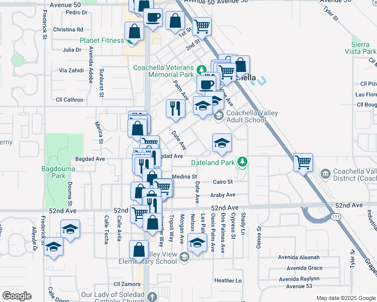 map of restaurants, bars, coffee shops, grocery stores, and more near 1120 Date Avenue in Coachella