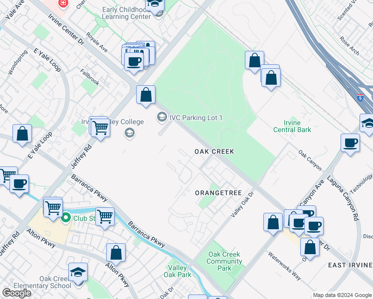 map of restaurants, bars, coffee shops, grocery stores, and more near 39 Tarocco in Irvine