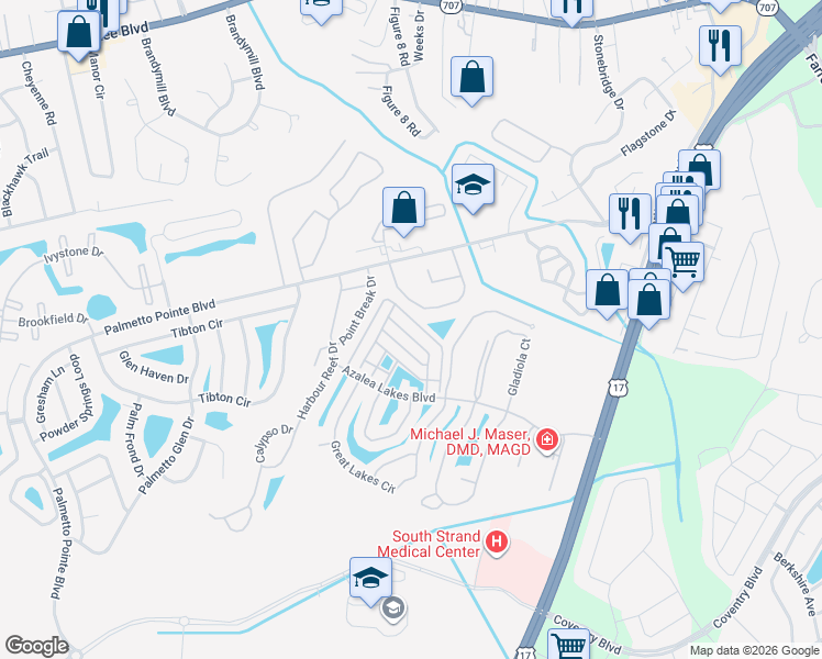 map of restaurants, bars, coffee shops, grocery stores, and more near 594 Banks Drive in Myrtle Beach