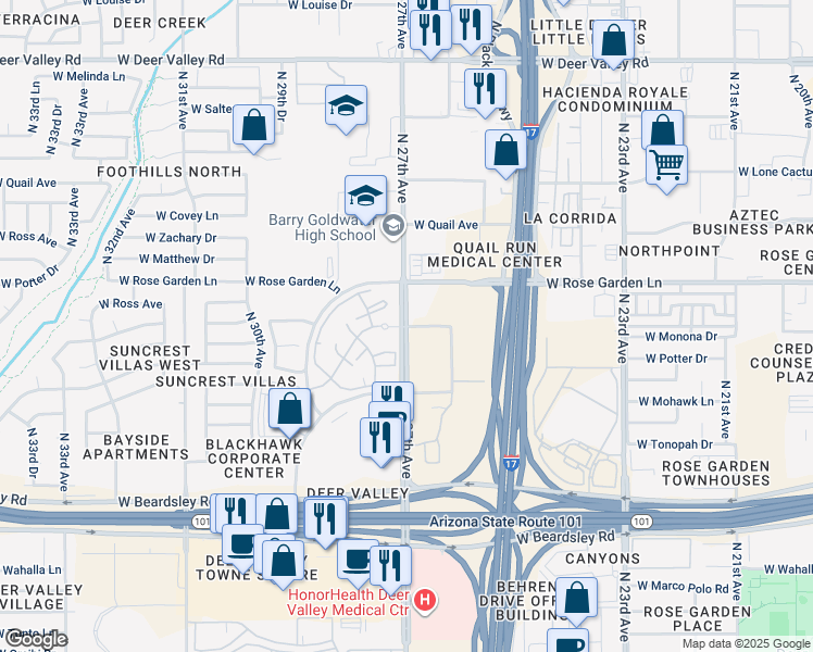 map of restaurants, bars, coffee shops, grocery stores, and more near N 27th Ave & W Ross Dr in Phoenix