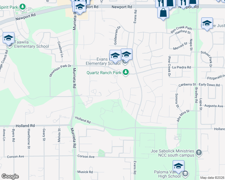 map of restaurants, bars, coffee shops, grocery stores, and more near 26286 Silver Birch Drive in Menifee
