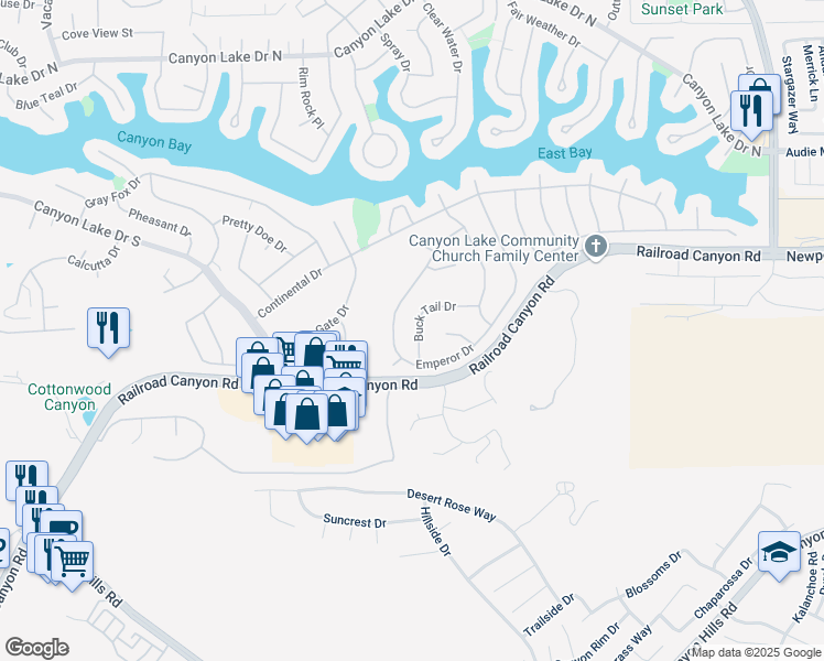 map of restaurants, bars, coffee shops, grocery stores, and more near 30299 Buck Tail Drive in Canyon Lake