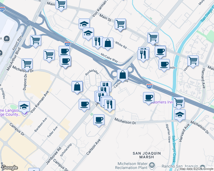 map of restaurants, bars, coffee shops, grocery stores, and more near 124 Tribeca in Irvine