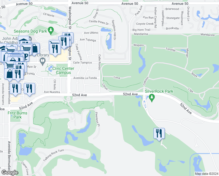 map of restaurants, bars, coffee shops, grocery stores, and more near 78810 Citrus in La Quinta