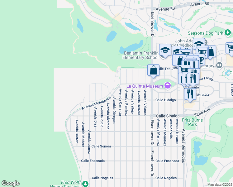 map of restaurants, bars, coffee shops, grocery stores, and more near 51390 Avenue Obregon in La Quinta
