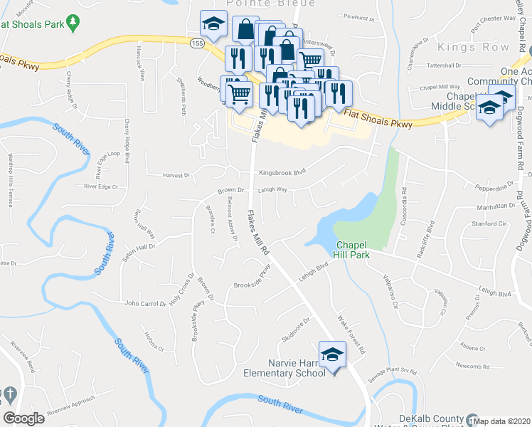 map of restaurants, bars, coffee shops, grocery stores, and more near 3652 Platina Park Court in Decatur