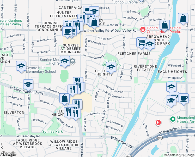 map of restaurants, bars, coffee shops, grocery stores, and more near 8183 West Deanna Drive in Peoria