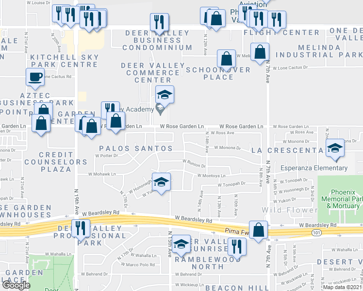 map of restaurants, bars, coffee shops, grocery stores, and more near 20808 North 14th Lane in Phoenix