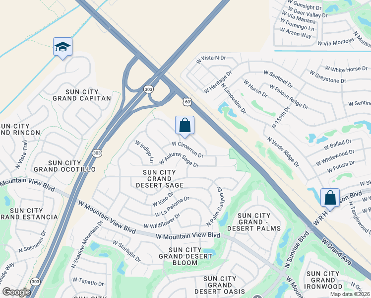 map of restaurants, bars, coffee shops, grocery stores, and more near 15828 West Cimarron Drive in Surprise