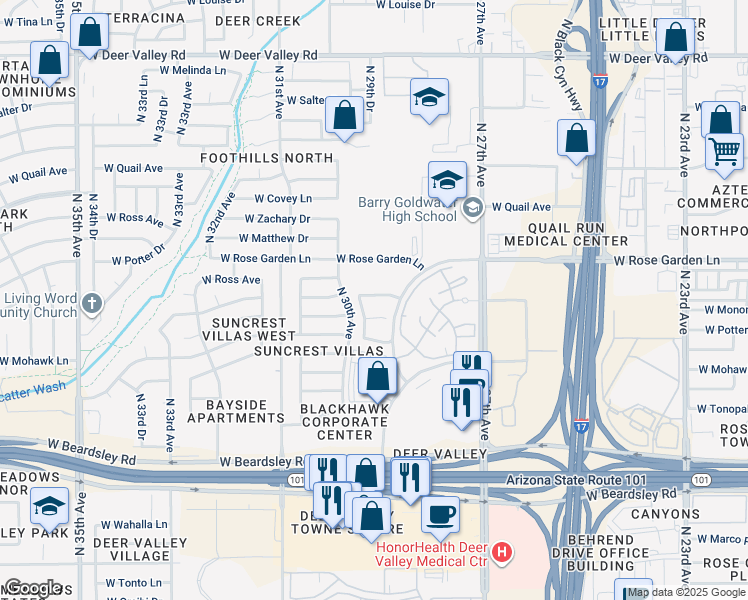 map of restaurants, bars, coffee shops, grocery stores, and more near 2921 West Ross Avenue in Phoenix