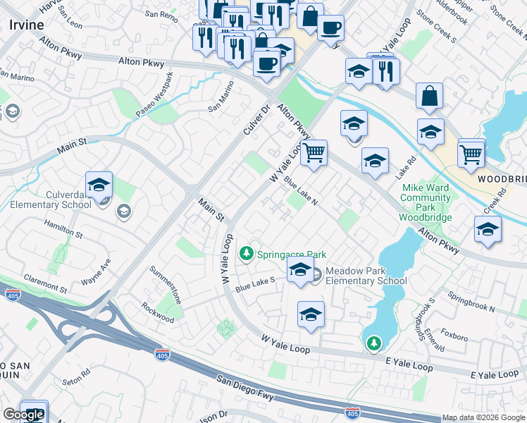 map of restaurants, bars, coffee shops, grocery stores, and more near 34 Summerwind in Irvine
