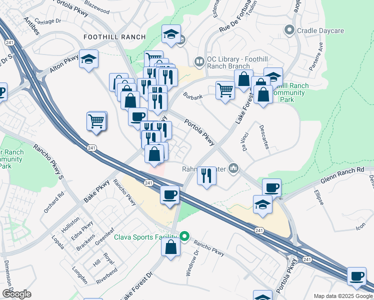map of restaurants, bars, coffee shops, grocery stores, and more near 114 Primrose Drive in Lake Forest