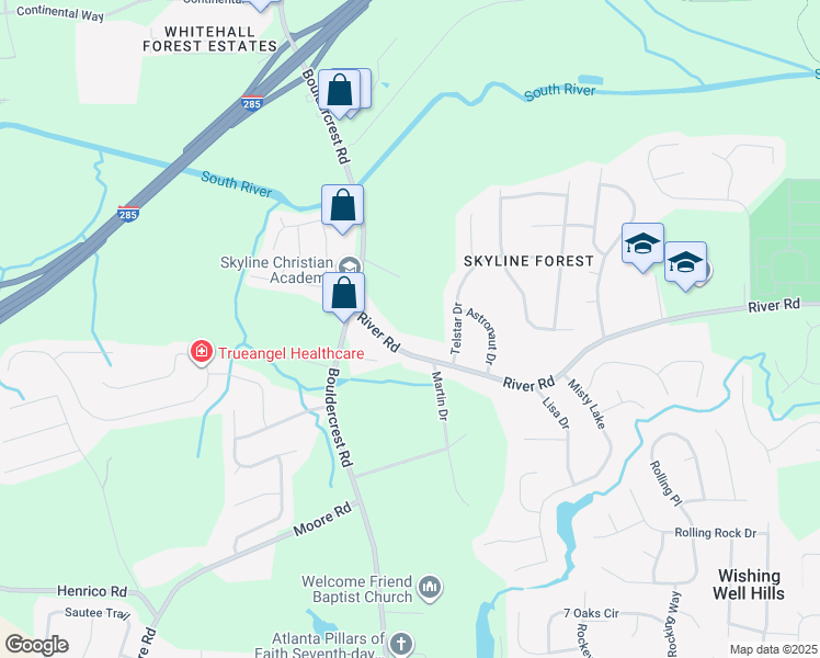 map of restaurants, bars, coffee shops, grocery stores, and more near 2046 River Road in Ellenwood