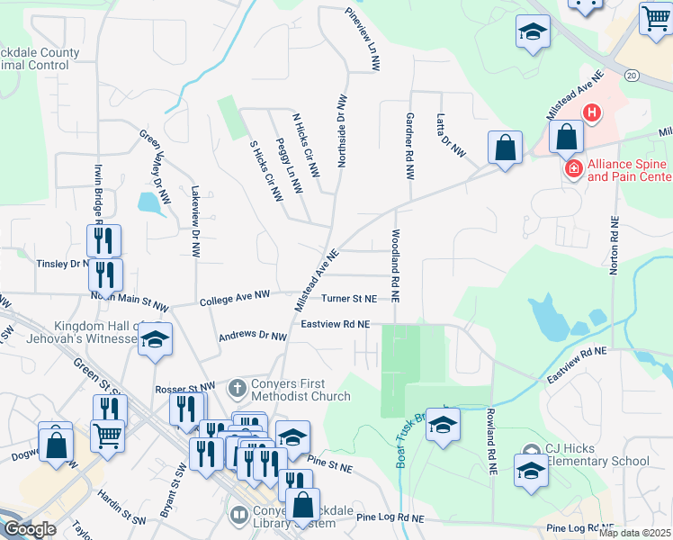 map of restaurants, bars, coffee shops, grocery stores, and more near 1024 McCalla Street Northeast in Conyers