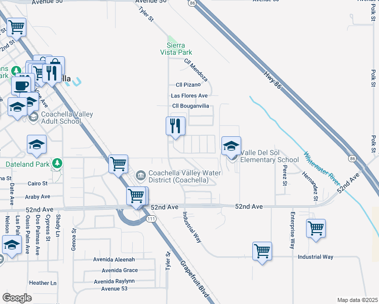 map of restaurants, bars, coffee shops, grocery stores, and more near 86037 Palmeras Circle in Coachella