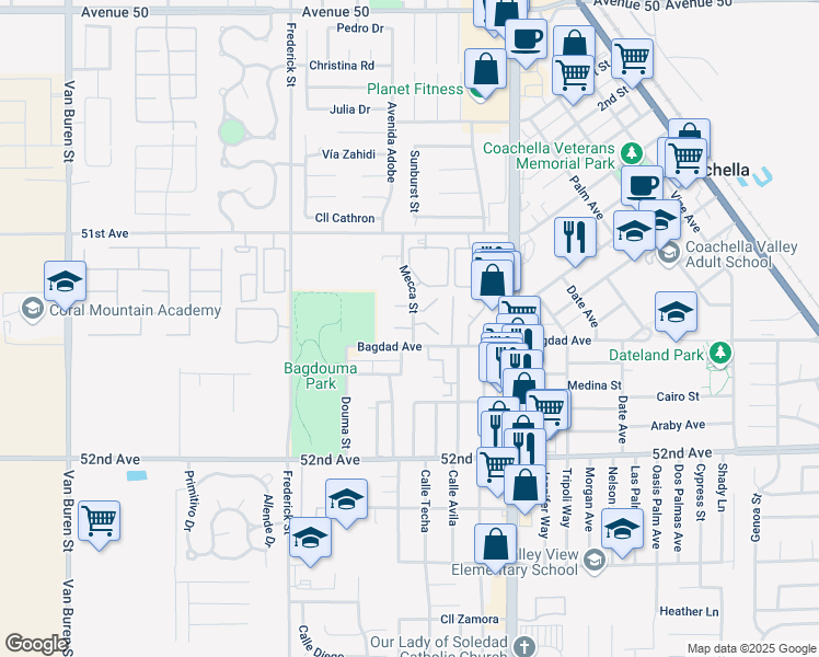 map of restaurants, bars, coffee shops, grocery stores, and more near 51501 Mecca Street in Coachella