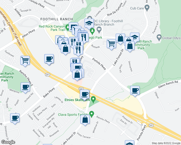 map of restaurants, bars, coffee shops, grocery stores, and more near 114 Primrose Drive in Lake Forest