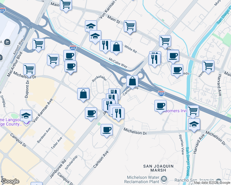 map of restaurants, bars, coffee shops, grocery stores, and more near 124 Tribeca in Irvine