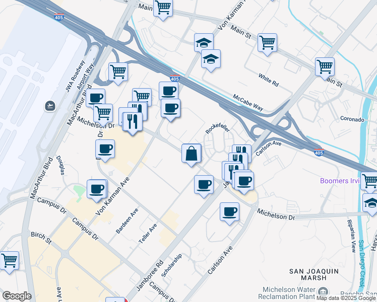 map of restaurants, bars, coffee shops, grocery stores, and more near 99 Waldorf in Irvine