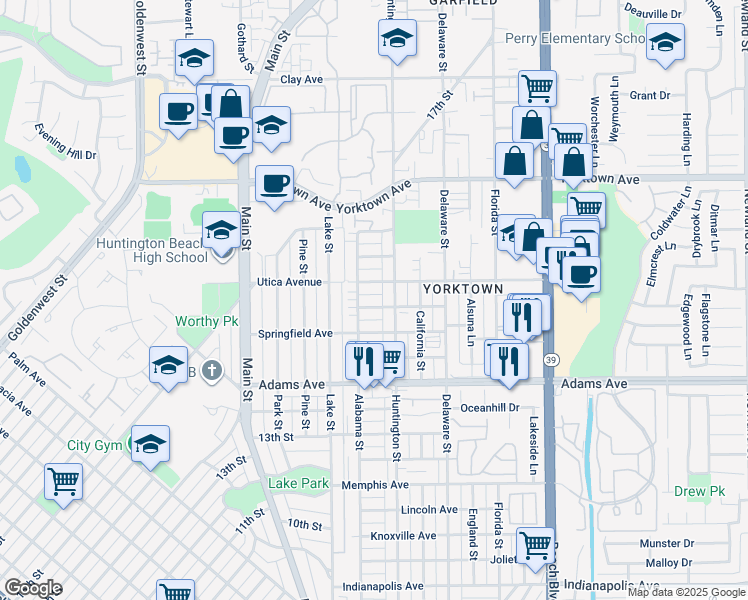 map of restaurants, bars, coffee shops, grocery stores, and more near 216 Utica Avenue in Huntington Beach