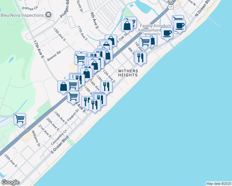 map of restaurants, bars, coffee shops, grocery stores, and more near 1301 South Ocean Boulevard in Myrtle Beach