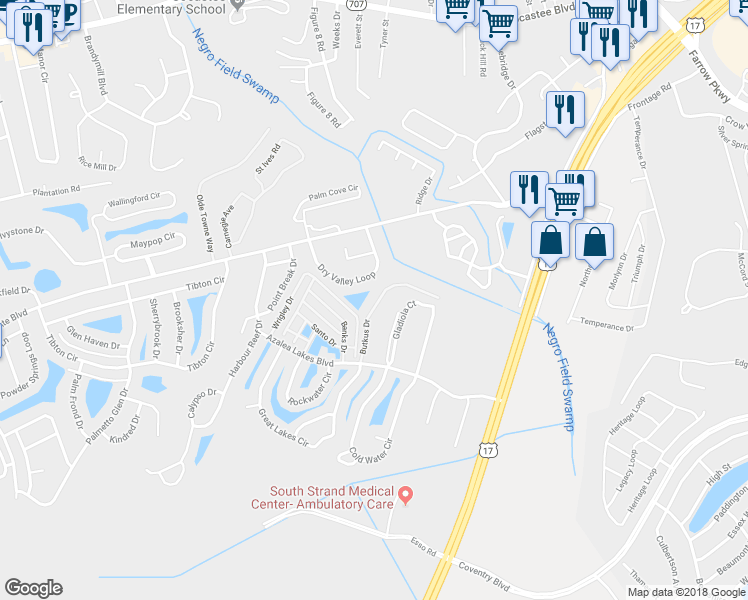 map of restaurants, bars, coffee shops, grocery stores, and more near 113 Butkus Drive in Myrtle Beach