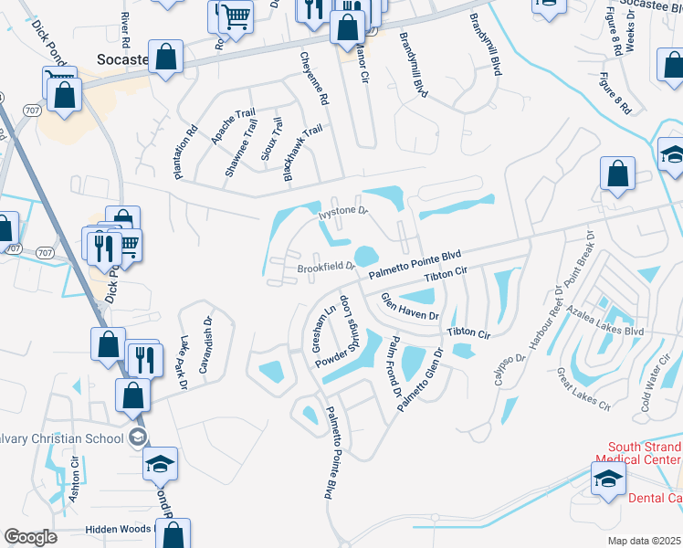 map of restaurants, bars, coffee shops, grocery stores, and more near 305 Brookfield Drive in Myrtle Beach