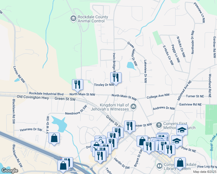 map of restaurants, bars, coffee shops, grocery stores, and more near 1150 Tinsley Drive Northwest in Conyers