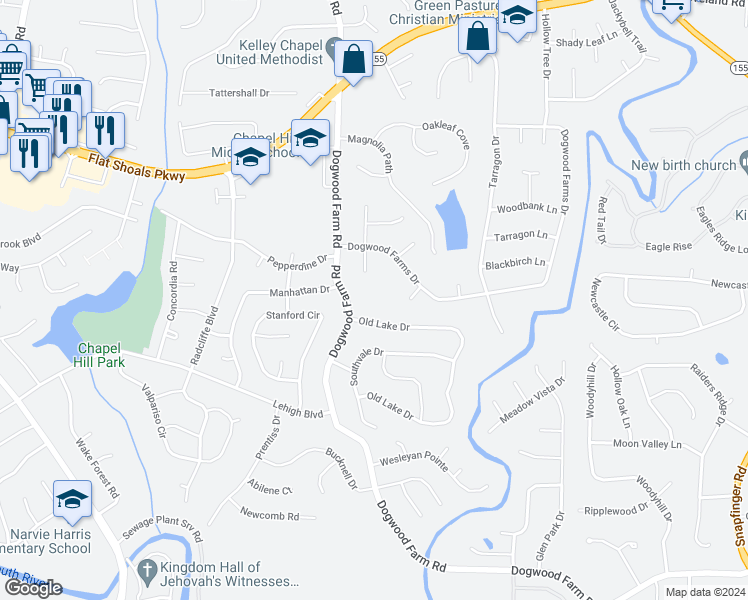 map of restaurants, bars, coffee shops, grocery stores, and more near 3658 Dogwood Farm Road in Decatur