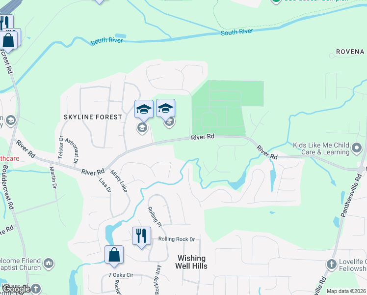 map of restaurants, bars, coffee shops, grocery stores, and more near 2411 River Road in Ellenwood