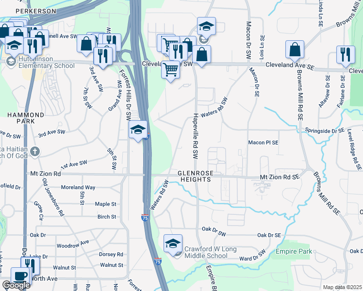map of restaurants, bars, coffee shops, grocery stores, and more near 2934 Waters Road Southwest in Atlanta