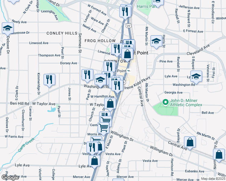 map of restaurants, bars, coffee shops, grocery stores, and more near in East Point